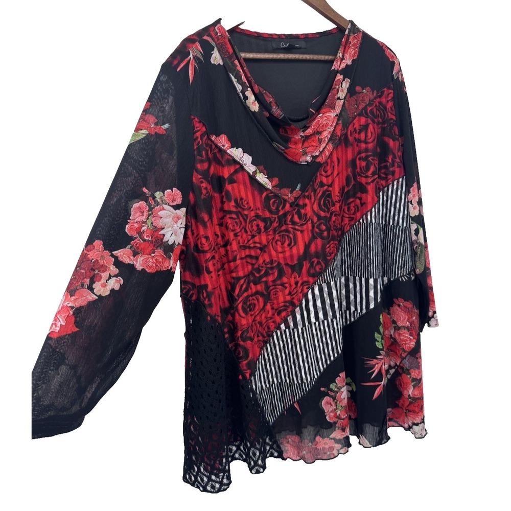 Calessa Floral Burnout Tunic Blouse Artsy Lace Cowl Neck Mesh Boho plus 3x